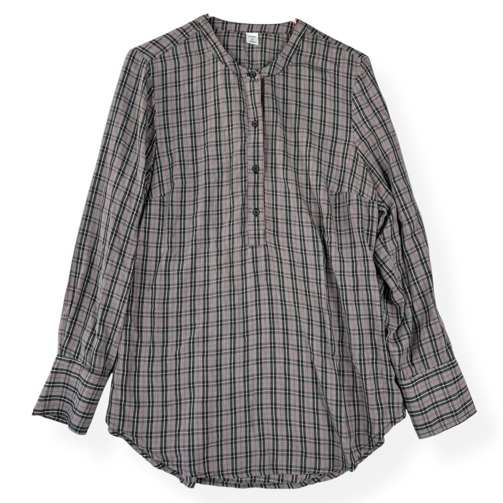 Old Navy Popover Top Womens M Medium Long Sleeves‎ Black Pink Plaid Round Neck